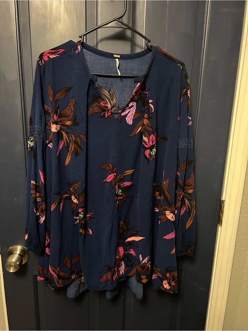 Free People Navy Floral V-Neck Blouse with Pink & Brown Accents